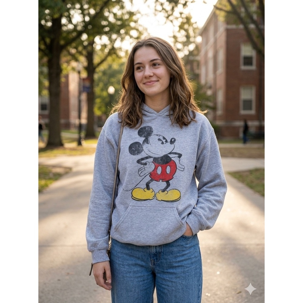 Disney Mickey Mouse Kids Youth Large Gray Pullover Hoodie Distressed Graphic